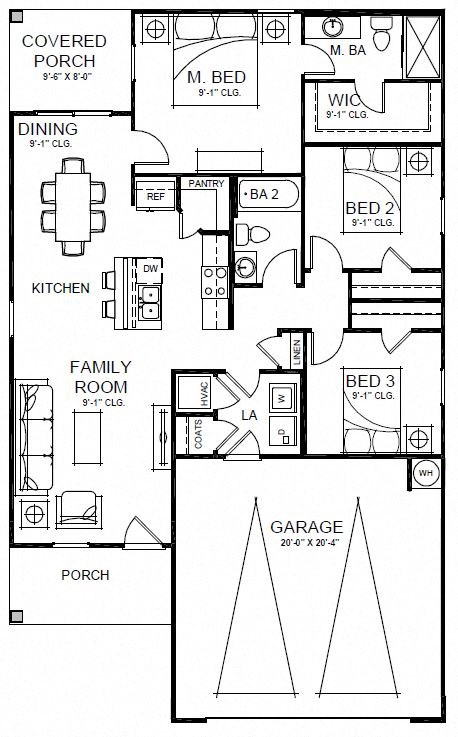 Floor plan for 3 beds, 2 baths, 1212 sqft